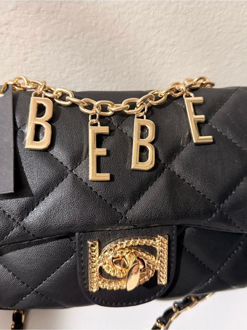 bebe Black Quilted Crossbody with Gold Logo Chain - Picture 2 of 5
